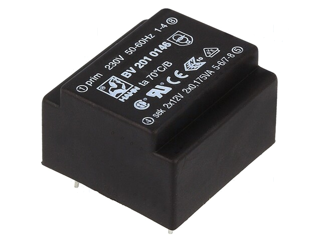 Transformator: ingegoten; 0,35VA; 230VAC; 12V; 12V; 15mA; 15mA; PCB Transformator: ingegoten; 0,35VA; 230VAC; 12V; 12V; 15mA; 15mA; PCB